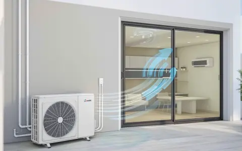Unité extérieure d'un système de chauffage clim réversible, diffusant de l'air frais dans une pièce par une baie vitrée.