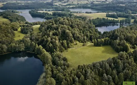 Krajobraz z jeziorami i lasami, typowy dla tego, z czego słynie Podlasie. Zielone pola i spokojne wody tworzą malowniczy widok.