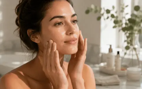 Mujer con piel radiante, aplicando crema. Su rostro refleja un brillo natural, el verdadero que es glow.