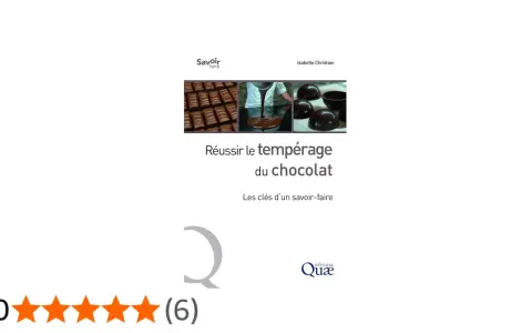 Livre "Réussir le tempérage du chocolat" par Isabelle Christian. Images de barres de chocolat, de chocolat fondu versé et de bonbons au chocolat. Le tempérage du chocolat blanc est un art.