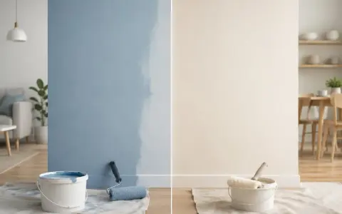 Pittura lavabile: un lato blu, un lato beige, con secchi e rulli. Valutare i pro e contro per il tuo progetto.