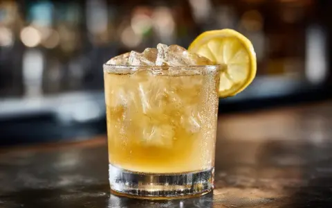En kyld whiskey sour med is och en citronskiva, redo att avnjutas.