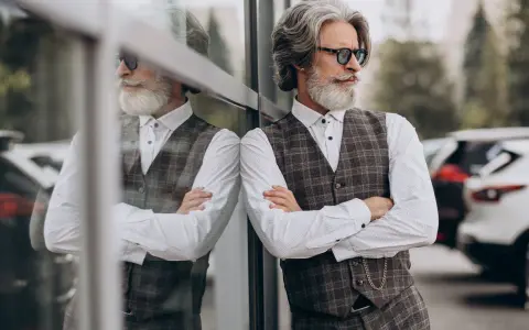 Uomo con barba bianca e occhiali da sole, indossa un elegante outfit uomo gilet a quadri, camicia bianca e pantaloni scuri.