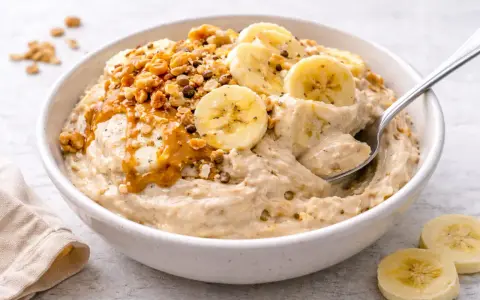 Kremowe lody bananowe z orzechami i polewą karmelową, idealne na deser.