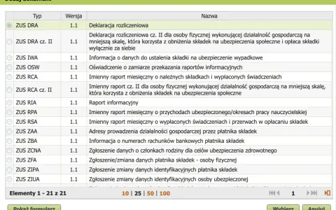 Tabela z formularzami ZUS. Widać m.in. ZUS DRA, ZUS RCA. Pomoc w wypełnieniu: zus dra jak wypełnić.