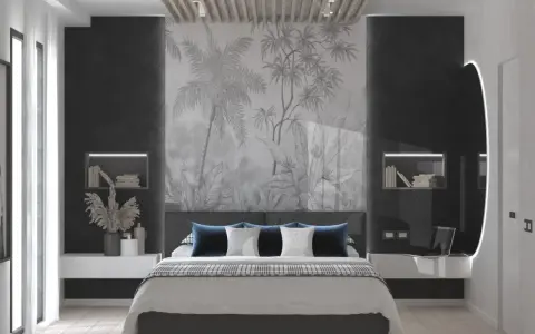 Pareti particolari dietro testata cartongesso camera da letto con un suggestivo murale tropicale.