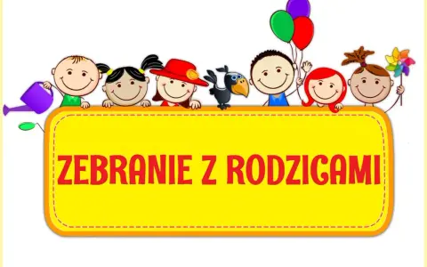 Radosne dzieci z balonami i konewką zapraszają na zebranie z rodzicami.