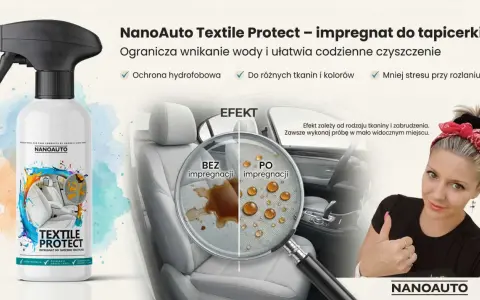 NanoAuto Textile Protect – impregnat do tapicerki. Ogranicza wnikanie wody, ułatwia czyszczenie i chroni tkaniny. Idealny do skóry naturalnej i innych materiałów.