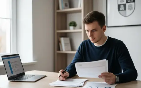 Młody mężczyzna siedzi przy biurku, analizując dokumenty i sprawdzając na laptopie, jak ZUS sprawdza status studenta.