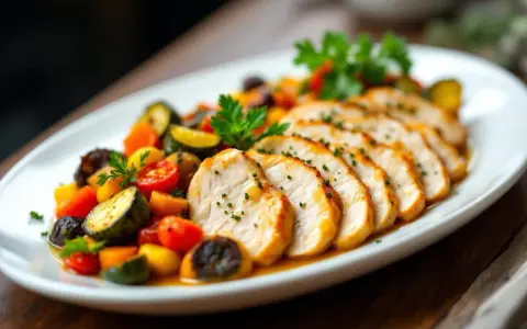 Tranches de filet de poulet savoureux, accompagnées d'un mélange coloré de légumes méditerranéens.