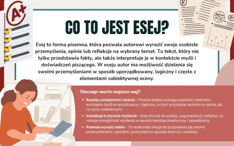 Dziewczynka pisze esej, ucząc się, jak napisać esej. Obok niej lista zadań z zaliczeniem A+.
