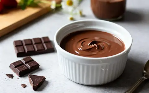Un bol de crème chocolat onctueuse, entouré de morceaux de chocolat noir et de fraises. Un délice gourmand.