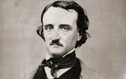 Portret Edgara Allana Poe, słynnego pisarza, z charakterystycznym wąsem i burzą włosów.
