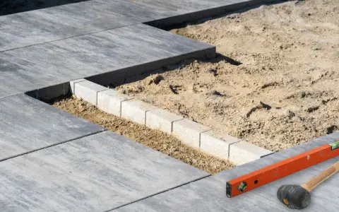Budowa tarasu z płyt betonowych w toku. Widać układane płyty, podsypkę piaskową i obrzeża. Narzędzia budowlane leżą obok.