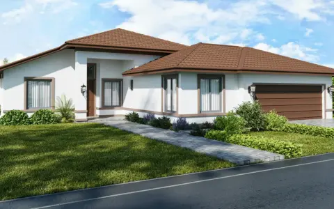 Nowoczesny bungalow z brązowym dachem i białymi ścianami, otoczony zielonym trawnikiem i krzewami.