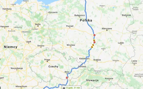 Trasa z Gdyni przez Polskę, Czechy i Słowację do Hallstatt w Karyntii, Austrii. Podróż trwa 12 godzin 21 minut.