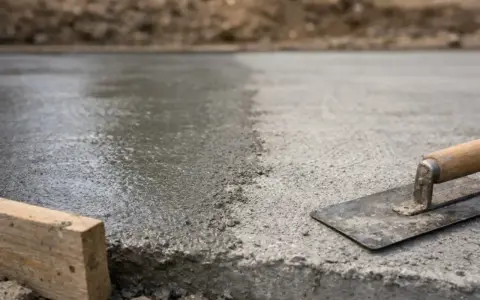 Świeżo wylany beton na budowie, z widoczną kielnią i drewnianym klockiem. Czas schnięcia cementu w ziemi zależy od wielu czynników.