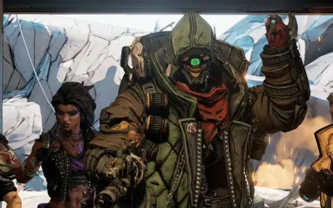 Personajes de Borderlands 3: un robot con un ojo verde y una mujer con chaleco de cuero.
