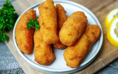 Knusprige kroketten aus kartoffelbrei, goldbraun frittiert, garniert mit Petersilie und Zitronenspalten.