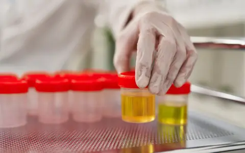 Ręka w rękawiczce laboratoryjnej wybiera pojemnik z żółtym płynem. W tle widać rząd podobnych pojemników. Badanie może wykazać ketony w moczu, a odwodnienie.
