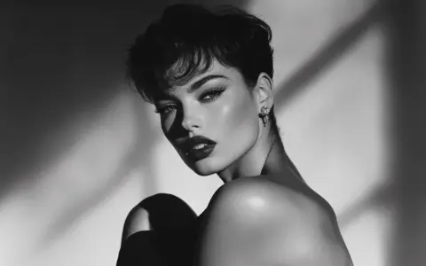 A striking black and white portrait, reminiscent of Herb Ritts' famous photos, captures a woman with dramatic makeup and a short, tousled hairstyle, bathed in dramatic light and shadow.
