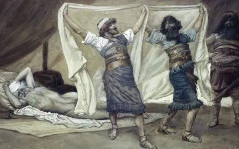 Three sons of Noah, Ham, Shem, and Japheth, cover their father with a cloth as he lies in bed.