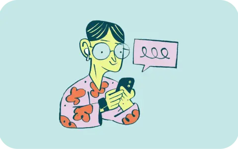 Osoba w okularach i kwiecistej koszuli przegląda telefon, a obok niej dymek z pytaniem "prokrastynacja co to?".