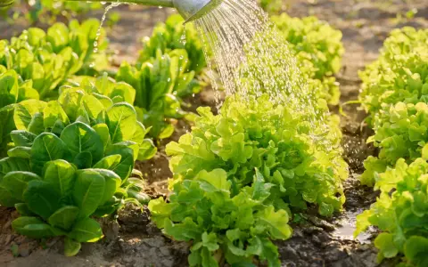 Arrosage des salades dans un potager ensoleillé. L'eau tombe en pluie fine sur les feuilles vertes et croquantes, promettant une récolte fraîche.