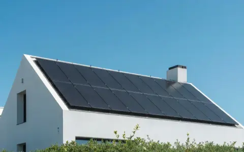 Vitt hus med solpaneler på taket. En strängväxelriktare omvandlar solenergin till användbar el.