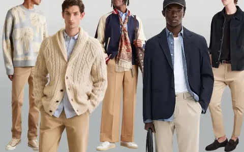 Cinco hombres con estilos urbanos y modernos. Todos lucen un outfit con pantalón beige, combinando chaquetas, cárdigans y camisas.