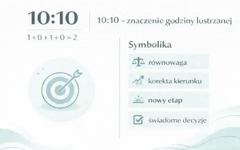 Grafika przedstawia godzinę 10:10, symbolikę numerologiczną i tarczę z celnym strzałem.