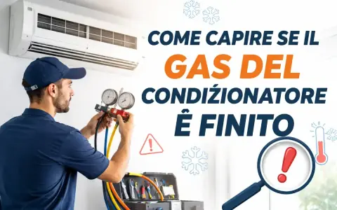 Tecnico controlla manometro per capire se manca gas condizionatore. Segnali di allarme e termometro indicano problemi.