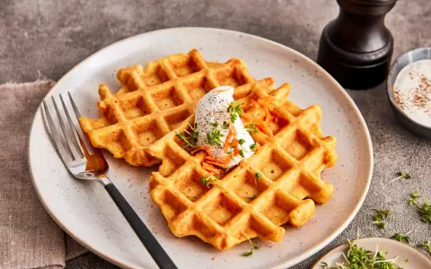 Zwei goldbraune Karotten Waffeln mit einem Klecks Sahne und geraspelten Karotten, garniert mit Kresse.