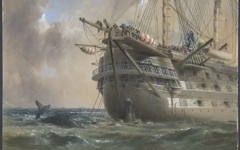 Un navire historique, peut-être celui du premier câble transatlantique, navigue en mer. Une baleine surgit des vagues.