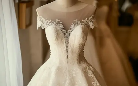 Magnifique robe de mariée, la couleur est un blanc éclatant, ornée de perles et de dentelle fine.