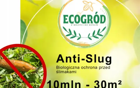 Ślimak na trawie z przekreśleniem. Produkt "Anti-Slug" z logo "EcoGród" to biologiczna ochrona przed ślimakami.