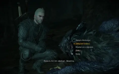 Geralt w wilczej skórze w Wiedźmin 3 klęczy przy potworze, wybierając opcję dialogową "Oddaj kieł Tordara".