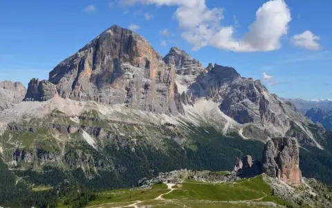 Sentiero panoramico per escursioni a Cortina, tra vette imponenti e boschi verdi.