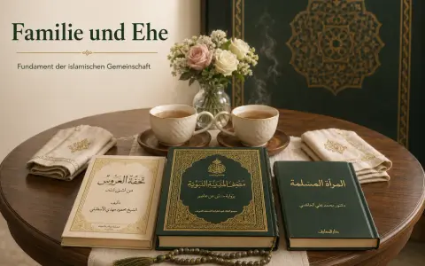 Bücher über Familie und Ehe, inspiriert von der Surah Ali Imran, mit Tee und Rosen.