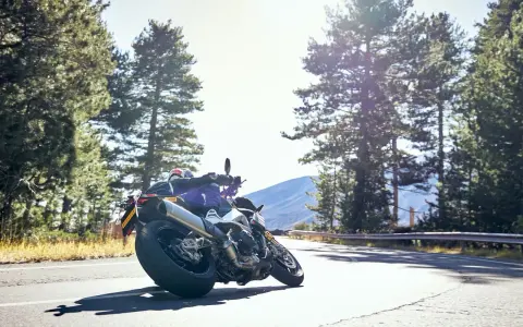 Motocyklista na zakręcie, otoczony lasem, z dumą prezentuje opony Pirelli. Jazda w stylu Pirelli klub.