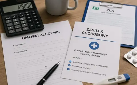 Dokumenty dotyczące umowy zlecenia, zasiłku chorobowego i zwolnienia lekarskiego (L4). Kalkulator pokazuje 1250.00.