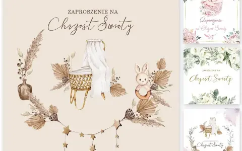 Elegancki zaproszenie wzór język polski na Chrzest Święty. Delikatne dekoracje z suszonych traw, koszyczek i króliczek.