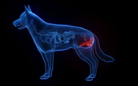 Anatomia psa z uwydatnionym penisem w kolorze czerwonym.