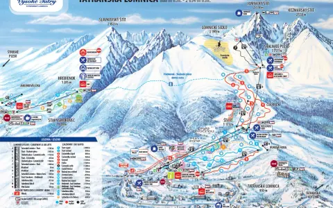 Mapa Tatrancí s vyznačenými sjezdovkami, lanovkami a turistickými cíli.