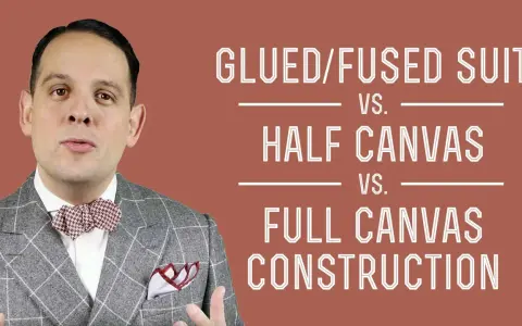 Man in a checkered suit explains glued/fused, half canvas, and full canvas suit construction.