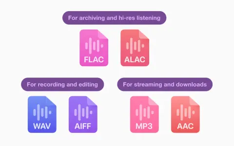 Ikony formatów audio: FLAC, ALAC (bezstratne formaty audio) do archiwizacji i słuchania hi-res; WAV, AIFF do nagrywania i edycji; MP3, AAC do streamingu i pobierania.