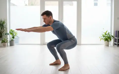 Un homme en tenue de sport exécute un squat dans une pièce lumineuse.