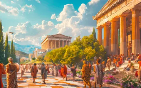 Antike Stadtansicht mit Menschen in Togen, die auf eine Agora zusteuern. Die Architektur erinnert an die Zeit der Demokratie in Athen.