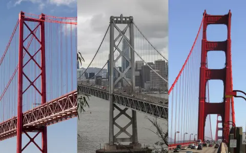 Comparación visual: el rojo vibrante del puente 25 de abril de Lisboa contrasta con el gris del puente de la Bahía de San Francisco y el icónico rojo del Golden Gate.