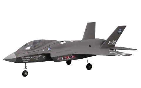 Grauer Jet-Flieger F-35 Lightning II mit detaillierten Markierungen, bereit zum Start.
